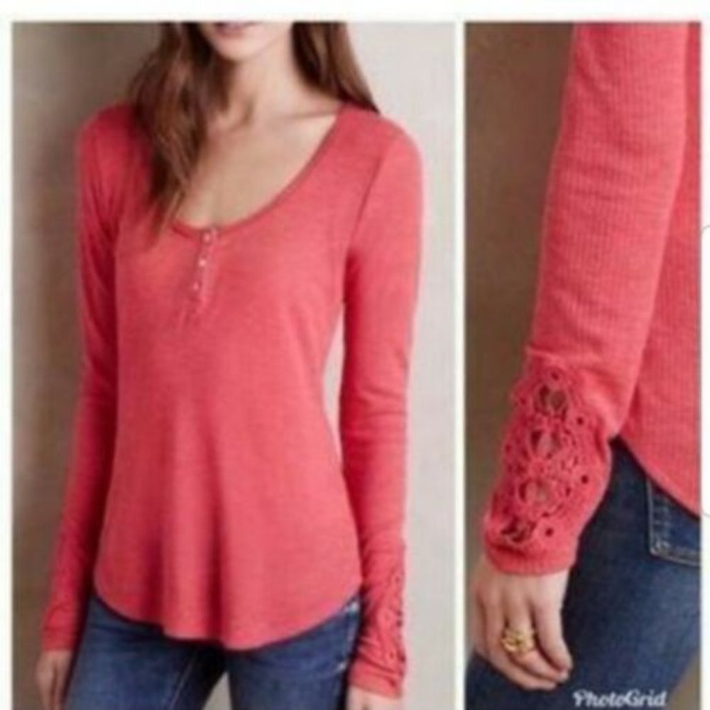 ANTHROPOLOGIE E by Eloise Thermal Long Sleeve Crochet Sleeve Henley Small